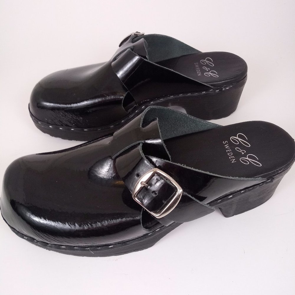 C&C Swedish Clogs Women 39 Black Patent Leather Slip on Comfort Shoes Mule 7.5 8
